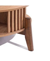LuxenHome Round Coffee Table with Storage 31.5" Oak Finish Wood Center Accent Tables with Wood Legs