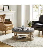 Hulala Home Illyria Transitional 36" Wide Tufted Round Cocktail Ottoman with Storage and Solid Wood Legs