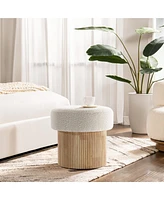 LuxenHome Modern Upholstered Ivory Footstool with Storage and Wood Fluted Base