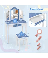 Costway Kids Vanity Set Toddler Makeup Table & Stool with Tri-folding Mirror Drawer Light