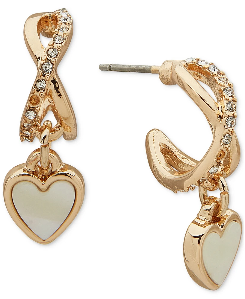 lonna & lilly Gold-Tone Mother-of-Pearl Heart Charm Pave Hoop Earrings