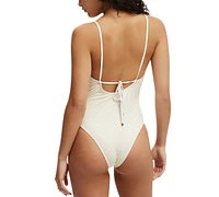 Cotton On Women's Metallic Lace Tie-Back Brazilian One-Piece Swimsuit