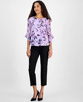 Kasper Petite Printed Ruffle-Sleeve Blouse, Regular and Sizes