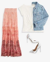 Liverpool Los Angeles Womens Frayed Trucker Jacket Knit Top Maxi Skirt