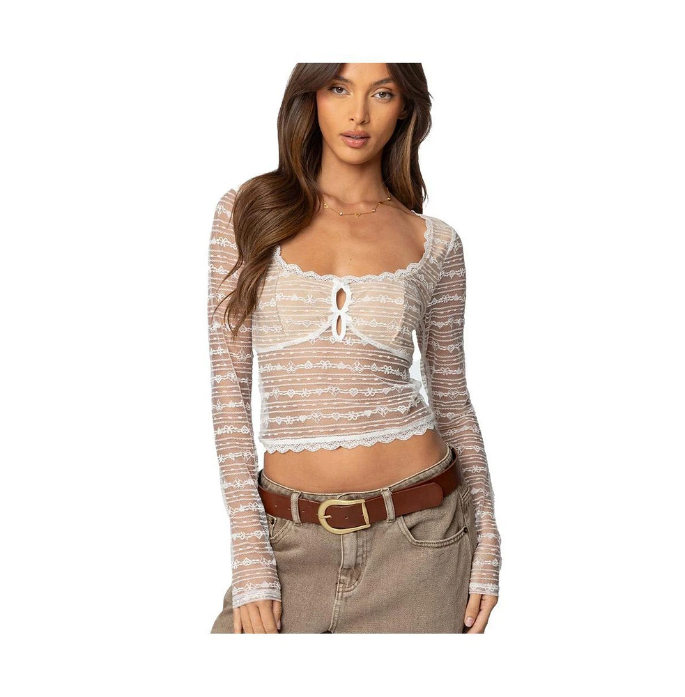 Edikted Womens Heart & Bow Sheer Lace Top