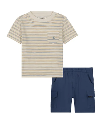 Calvin Klein Toddler and Little Boys Slub Jersey Striped Tee French Terry Cargo Shorts, 2-Piece Set