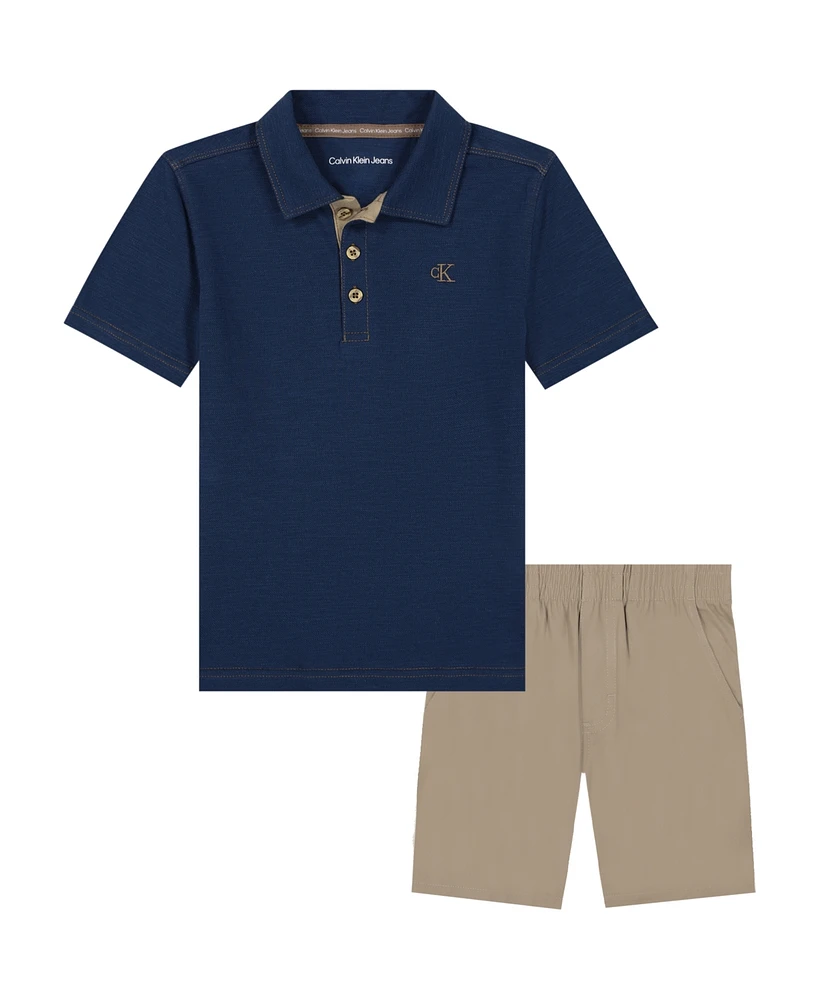 Calvin Klein Toddler and Little Boys Slub Pique Polo Shirt Twill Shorts, 2-Piece Set