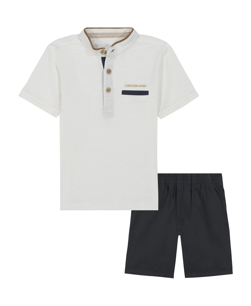 Calvin Klein Toddler and Little Boys Pique Henley Tee Twill Shorts, 2-Piece Set