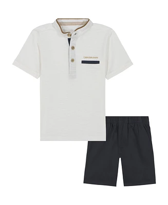 Calvin Klein Toddler and Little Boys Pique Henley Tee Twill Shorts, 2-Piece Set