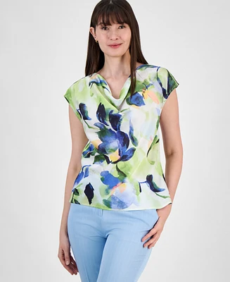 Tahari Asl Women's Printed Draped-Neck Cap-Sleeve Top