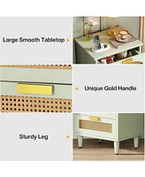 Tribesigns Mint Green Nightstand, 3-Drawer Rattan Night Stand Side Table, Accent Bedside Tables End Table for Bedroom and Small Spaces, Easy Assembly