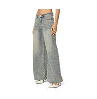 Edikted Women's Rhinestone Low Rise Washed Jeans