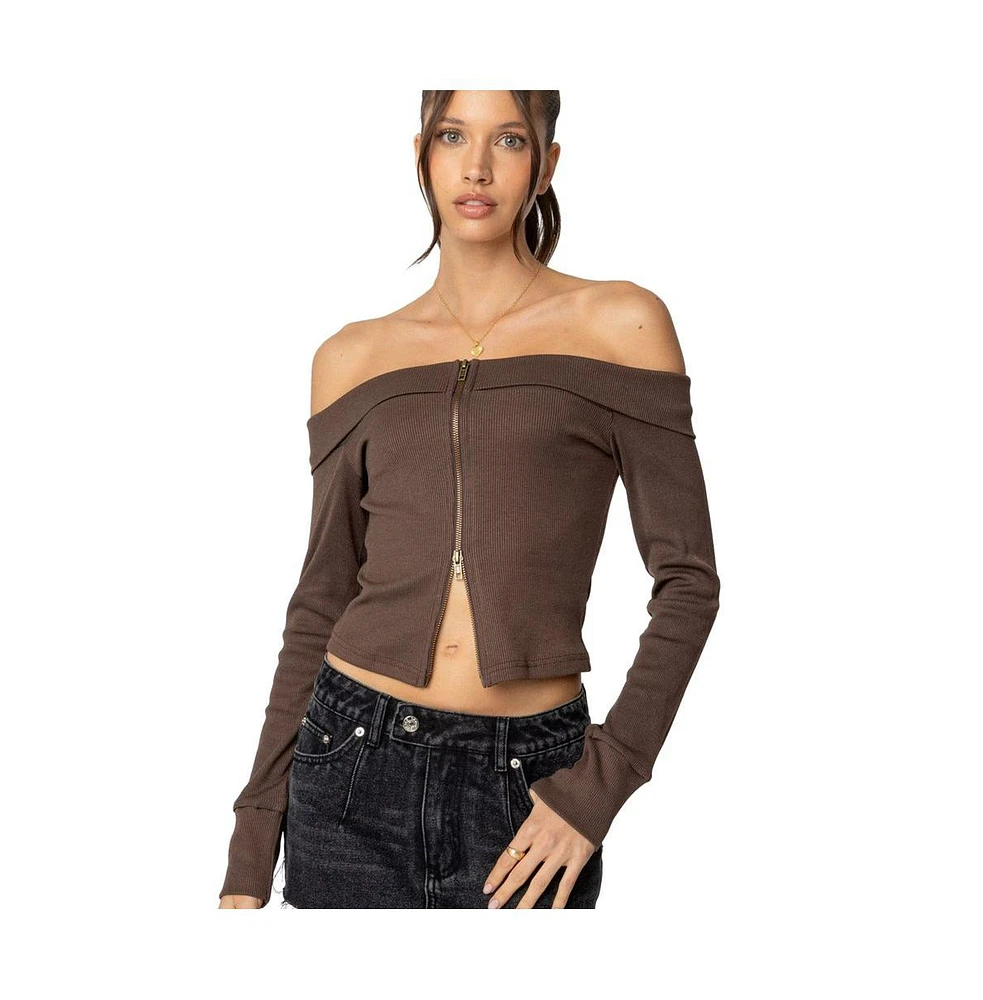 Edikted Womens Clarissa Fold Over Ribbed Top