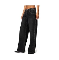 Edikted Womens Quincy Studded Low Rise Jeans