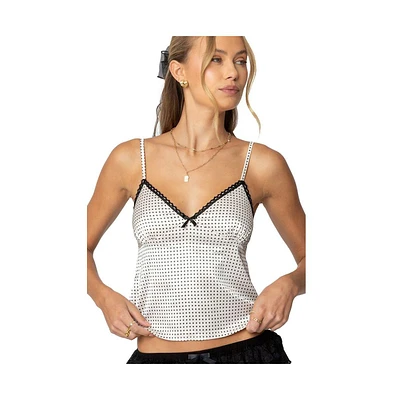 Edikted Womens Polka Dot Satin Lace Trim Top