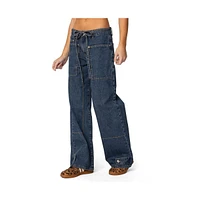 Edikted Womens Funky Stitch Low Rise Jeans