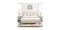 Slickblue Gold Metal Platform Bed Frame with Off-White Upholstered Headboard