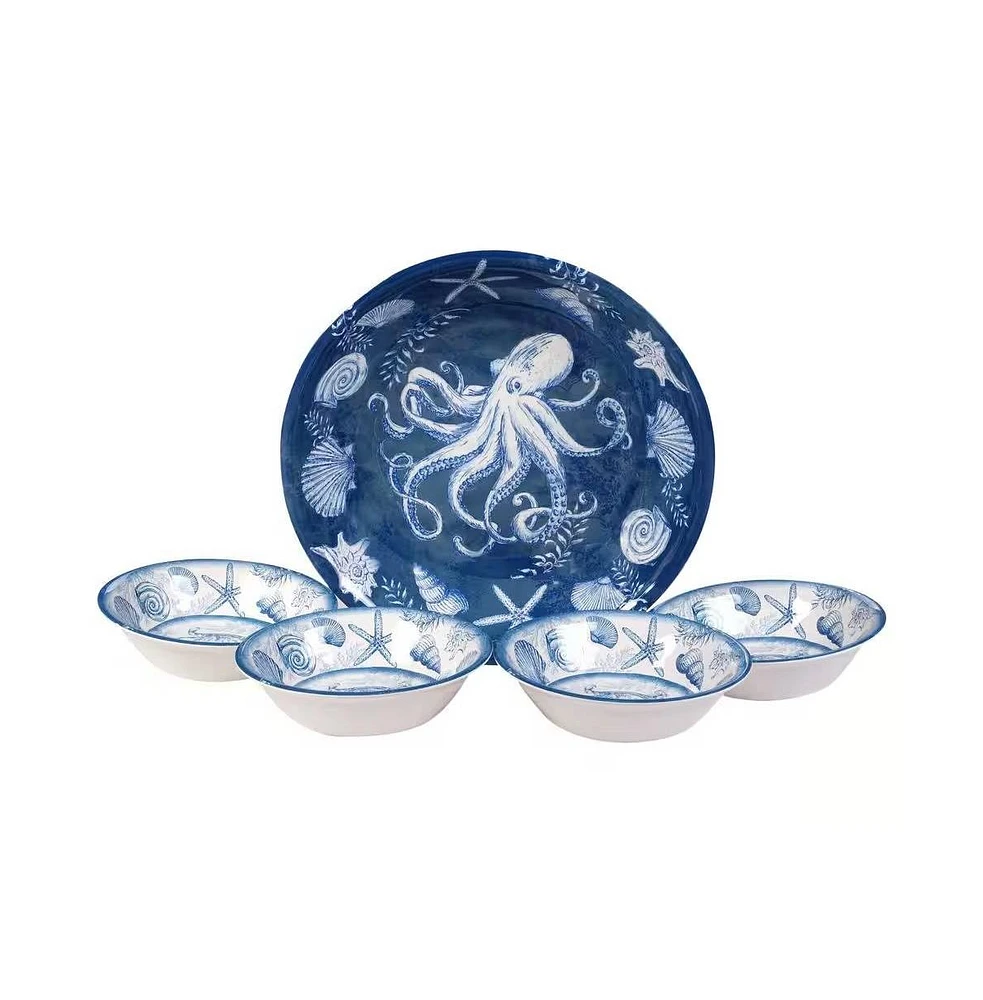 Slickblue 5-Piece Beach-Themed Dinner Bowl Set with Starfish, Sea Shells, and Octopus Design