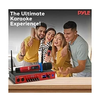 Pyle Uhf Wireless Microphone System with Bluetooth - Dual Channel, 2 Handheld Mics, Portable Mixer, Red