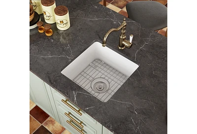 DeerValley Square Fireclay 18" L x 18" W Undermount/Drop-In Kitchen Sink with Basket Strainer and Sink Grid