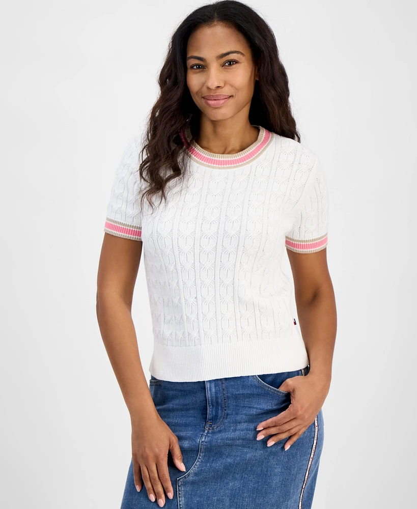 Tommy Hilfiger Women's Short-Sleeve Cable-Knit Cotton Sweater