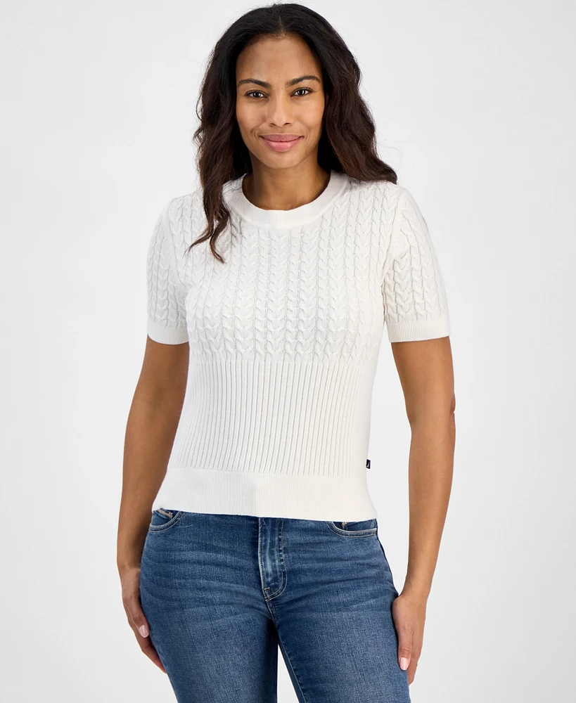 Nautica Jeans Women's Cable-Knit Short-Sleeve Sweater