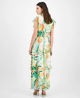 julia jordan Women's Printed Flutter-Sleeve Maxi Dress