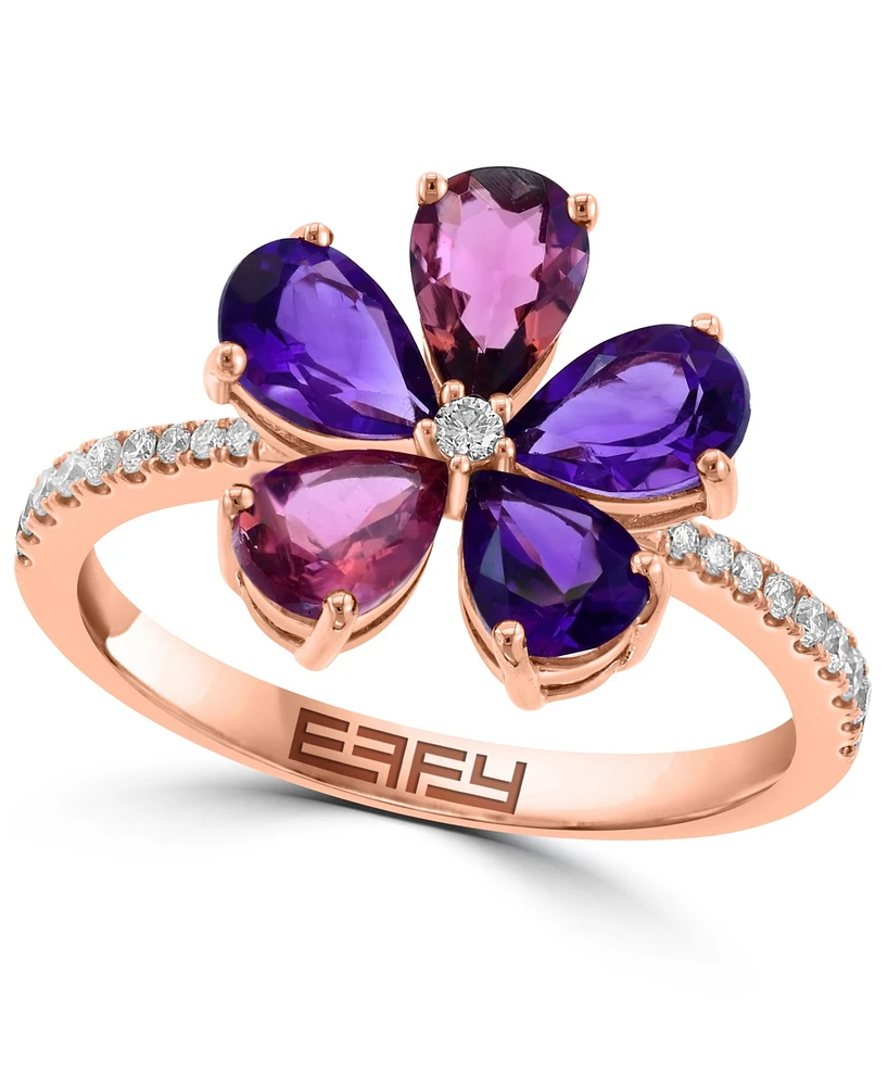 Effy Collection Diamond (1/6 ct. t.w.) & Multi Gemstone (1-5/8 ct. t.w.) Floral Ring in 14k Rose Gold