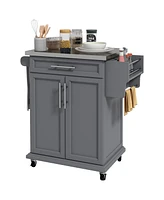 Aosom Wood Kitchen Island Cart Storage Box Cabinet Drawer Trolley w/ Stainless Steel