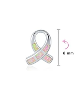 Bling Jewelry Pink Synthetic Opal Ribbon Breast Cancer Awareness Stud Earrings Sterling Silver 8MM