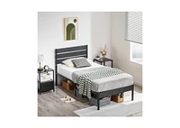 Slickblue Industrial Platform Bed Frame with Wood Slatted Headboard for Modern Bedroom Decor