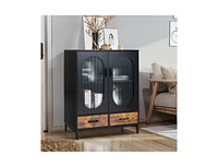 Slickblue Wooden Sideboard Dining Buffet Cabinet with Glass Doors for Stylish Storage