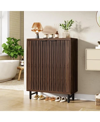 Tribesigns 6-Tier Bathroom Floor Cabinet with 2 Louvered Doors, Large Wooden Bathroom Storage Cabinet with Adjustable Shelves, Freestanding Sideboard