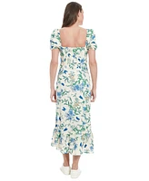 London Times Women's Floral-Print Puff-Sleeve Midi Dress