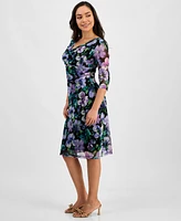 Connected Petite Printed Mesh 3/4-Sleeve Sheath Dress