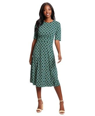 London Times Women's Printed Elbow-Sleeve A-Line Dress