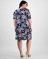 Connected Plus Size Printed Short-Sleeve Faux-Wrap Sheath Dress