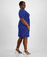 Connected Plus Printed Short-Sleeve Faux-Wrap Sheath Dress