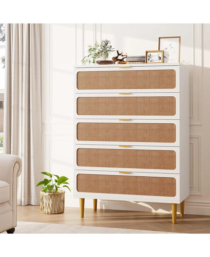 gaomon Rattan 5 Drawer Dresser for Bedroom, Tall Dresser with Deep Drawers