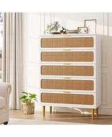 gaomon Rattan 5 Drawer Dresser for Bedroom, Tall Dresser with Deep Drawers