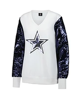 Cuce Women's White Dallas Cowboys Sequin Sleeve V-Neck Pullover Sweatshirt