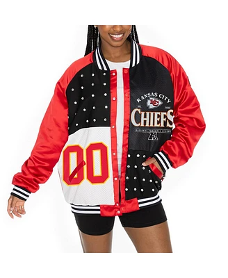 Gameday Couture Women's Red/Black Kansas City Chiefs Oversized Hot Shot Rhinestone Throwback Full-Snap Varsity Bomber Jacket