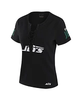 Wear by Erin Andrews x Gracie Hunt Women's Black New York Jets Draft Me Lace-Up T-Shirt