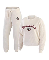 Wear by Erin Andrews Women's Cream Florida State Seminoles Rib-Knit Long Sleeve T-Shirt Pants Lounge Set