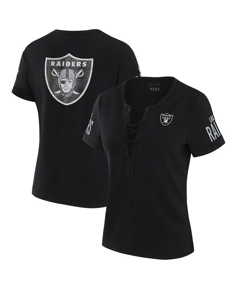 Wear by Erin Andrews x Gracie Hunt Women's Black Las Vegas Raiders Draft Me Lace-Up T-Shirt