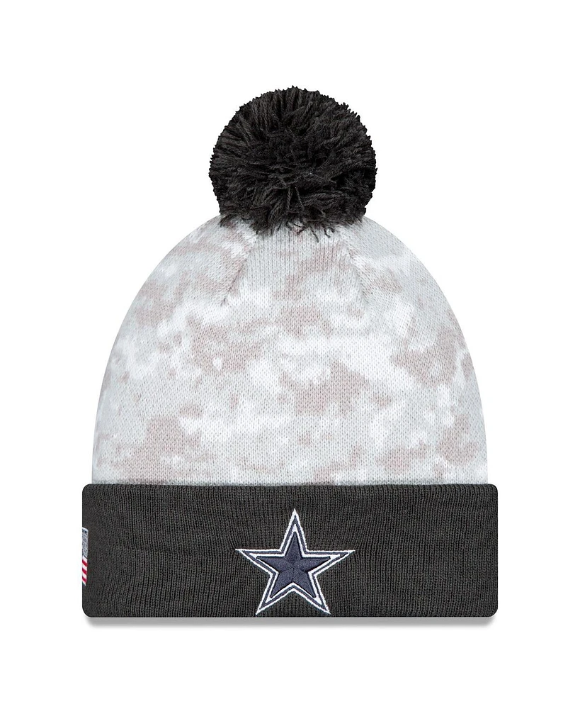 New Era Men's White/Graphite Dallas Cowboys 2024 Salute To Service Digital Camo Cuffed Knit Hat with Pom
