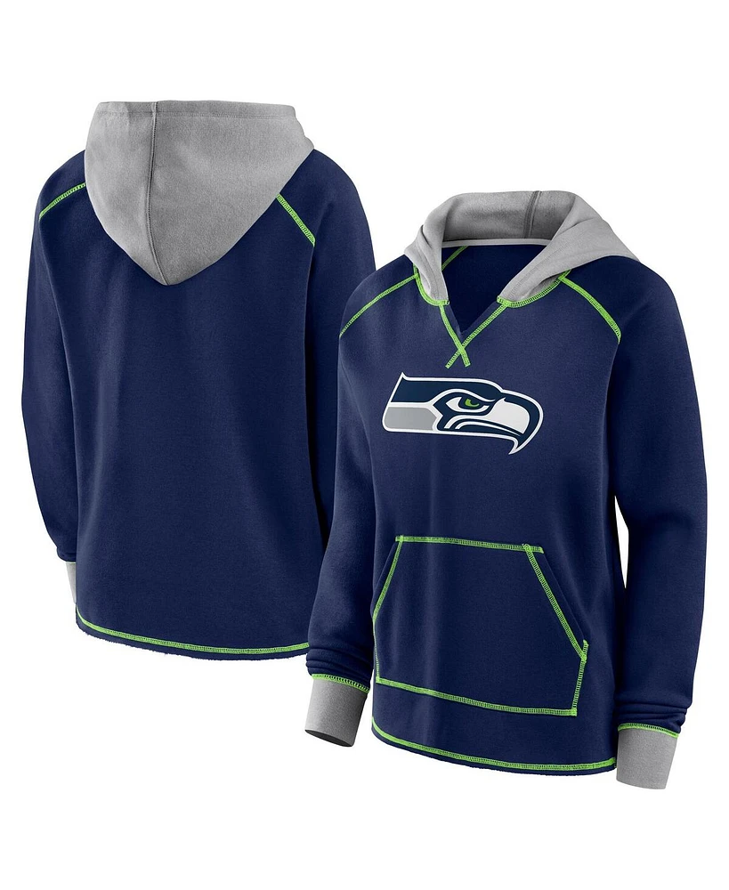 Logo Athletic Women's College Navy Seattle Seahawks Boom Fleece Pullover V-Neck Hoodie