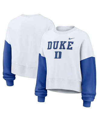 Nike Women's White Duke Blue Devils Color-Block Oversized Cropped Pullover Sweatshirt