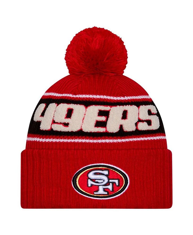 New Era Big Boys and Girls Scarlet San Francisco 49ers 2024 Sideline Sport Cuffed Knit Hat with Pom