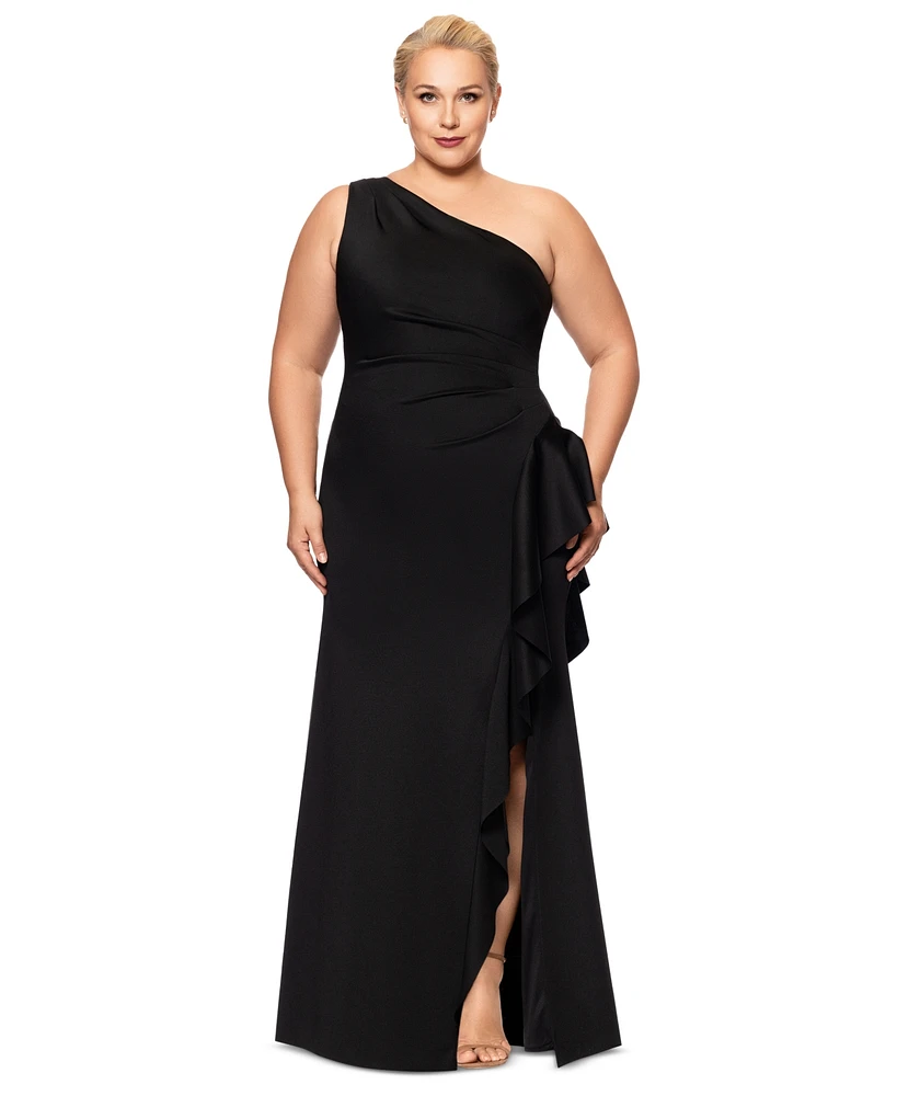 Xscape Plus Cascading One-Shoulder Gown